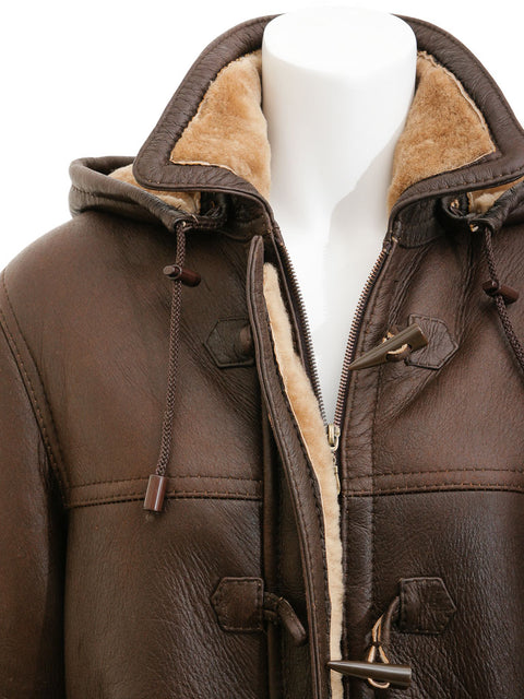 Women's Brown Sheepskin Duffle Coat With Hood