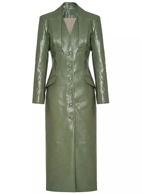 Women Green Long Leather Coat