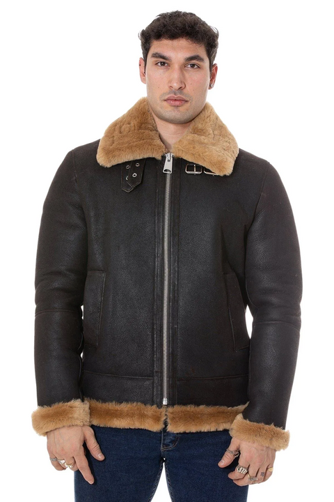 Black Aviator Flight B3 Bomber Shearling Leather Jacket