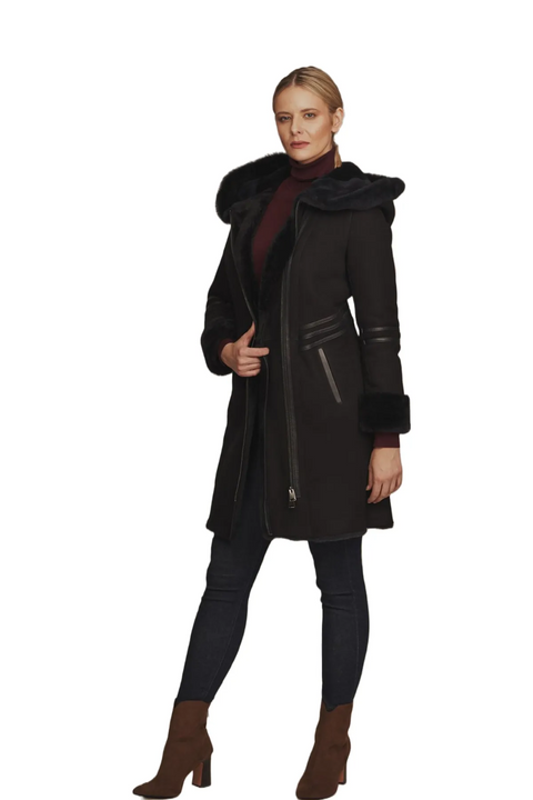 Erica B3 Black Shearling Aviator Leather Coat