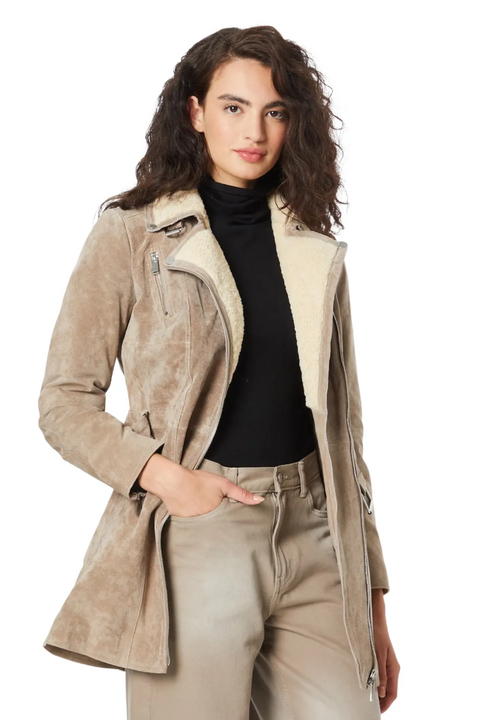 Dull Yellowy Brown Suede Leather Coat With Fur Collar