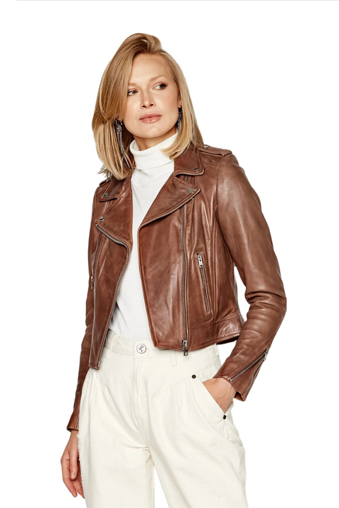 Suzy Brown Short Leather Biker Jacket