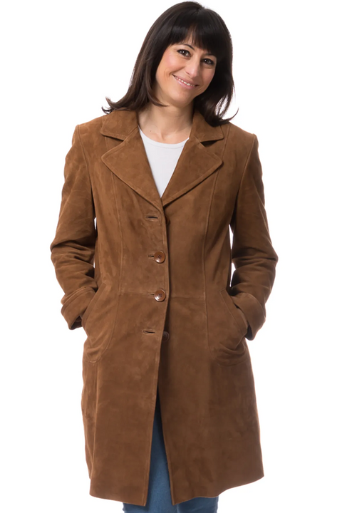 Brown Suede Leather Long Coat With Lapel Collar