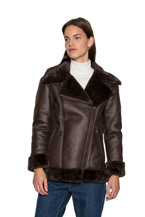 Henna Brown Sheepskin Leather Shearling Aviator Jacket