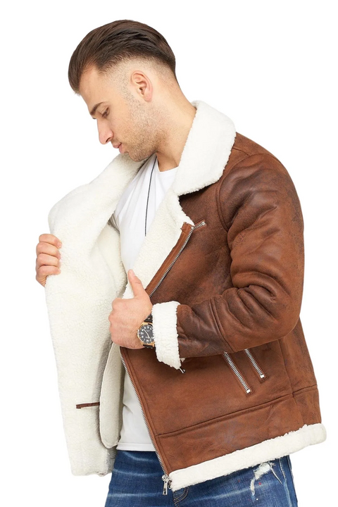 Bomia Brown Leather Bomber Jacket With Fur Collar