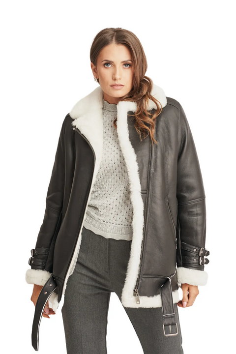 Alina Black Aviator Shearling Leather Bomber Coat