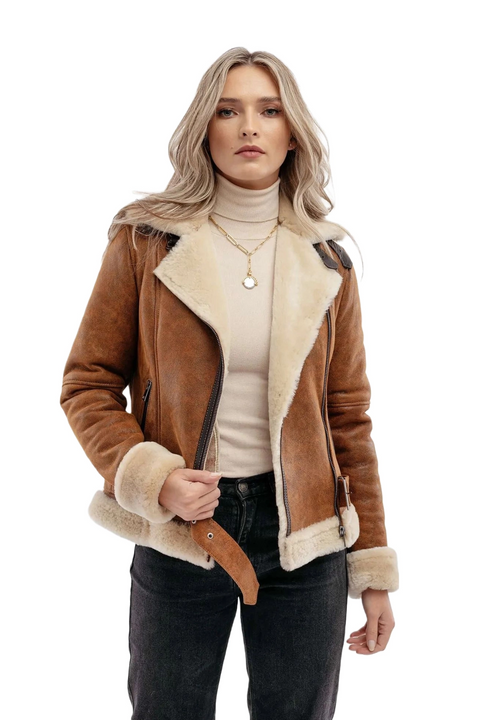 Rumella Brown Aviator Shearling Leather Bomber Jacket