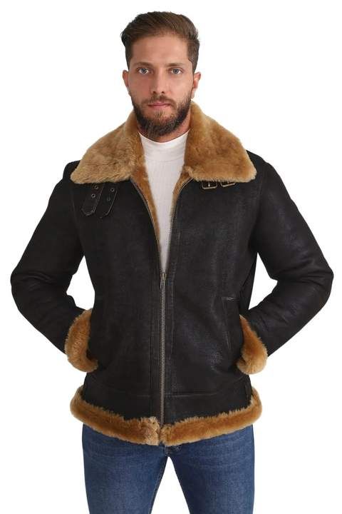Black Aviator Flight B3 Bomber Shearling Leather Jacket