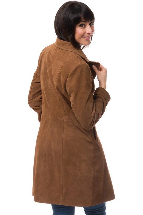 Brown Suede Leather Long Coat With Lapel Collar