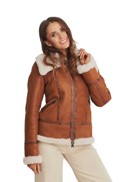 Amina Brown Aviator Shearling Leather Bomber Jacket