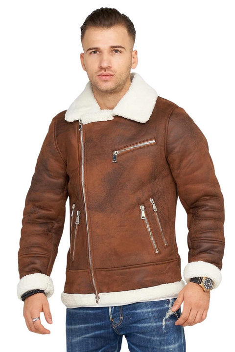 Bomia Brown Leather Bomber Jacket With Fur Collar