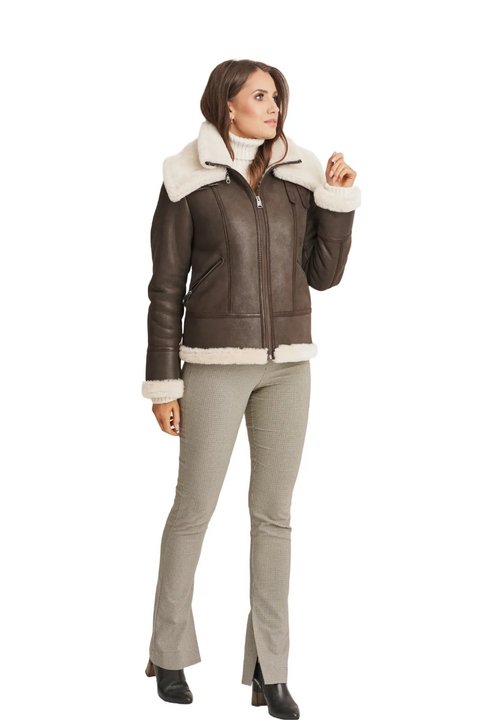 Annie Brown Aviator Shearling Leather Bomber Jacket