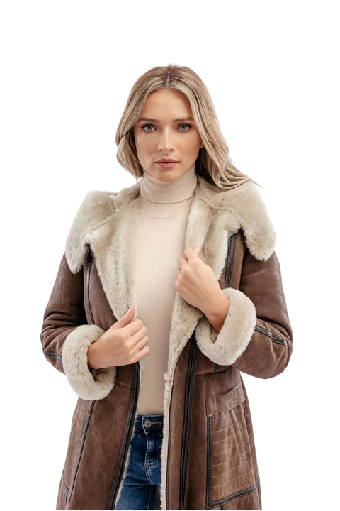 Zenna Coffee Brown Aviator Leather Bomber Coat