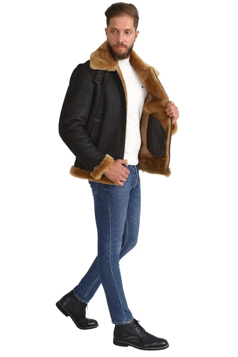 Black Aviator Flight B3 Bomber Shearling Leather Jacket