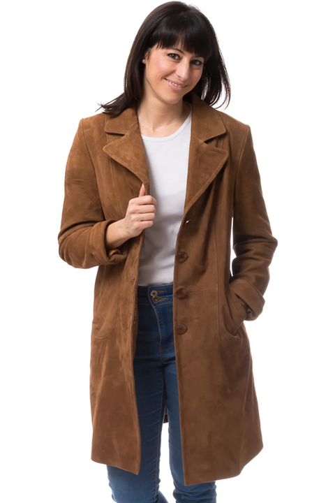 Brown Suede Leather Long Coat With Lapel Collar