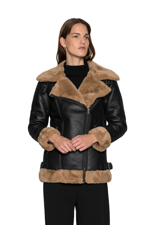 Sherilyn Black Aviator Brown Shearling Leather Bomber Jacket