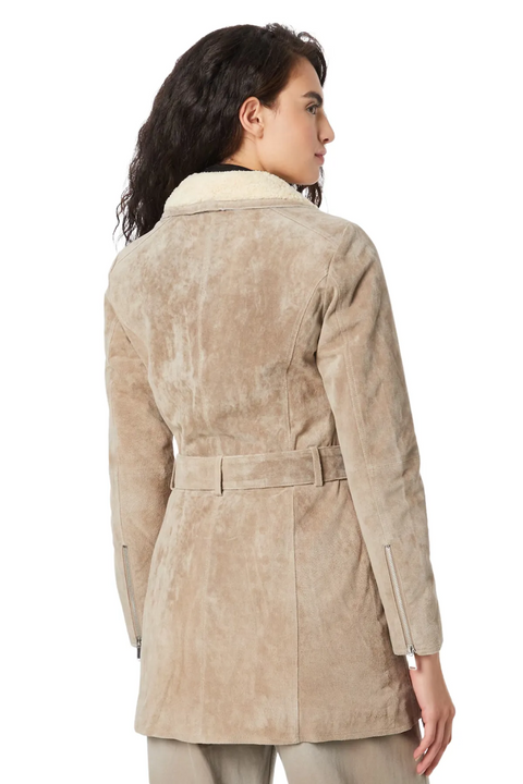 Dull Yellowy Brown Suede Leather Coat With Fur Collar