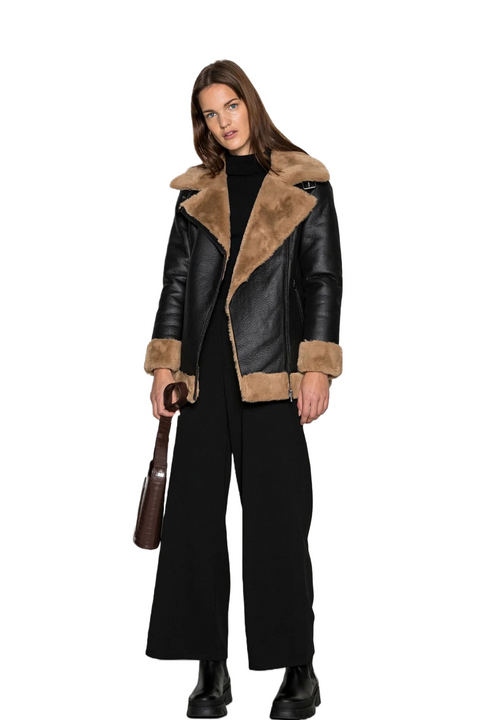 Sherilyn Black Aviator Brown Shearling Leather Bomber Jacket