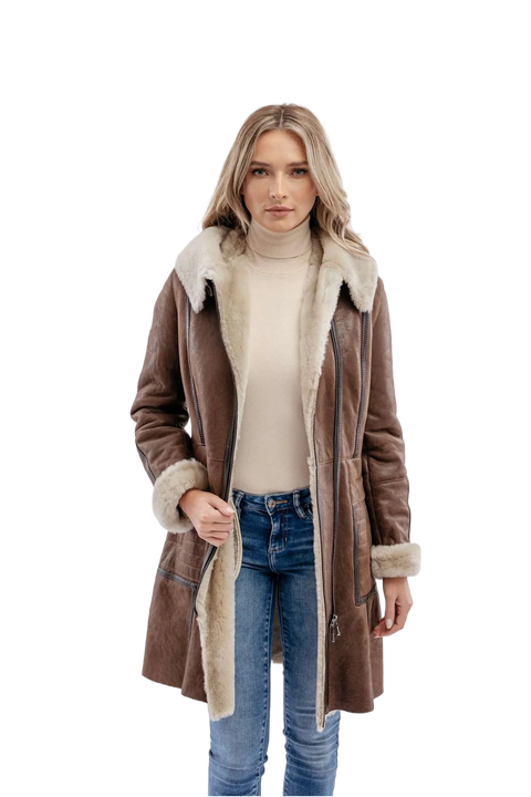 Zenna Coffee Brown Aviator Leather Bomber Coat