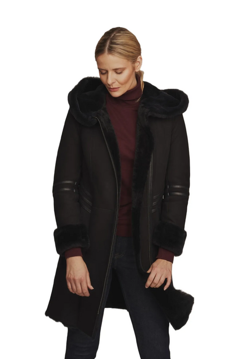 Erica B3 Black Shearling Aviator Leather Coat