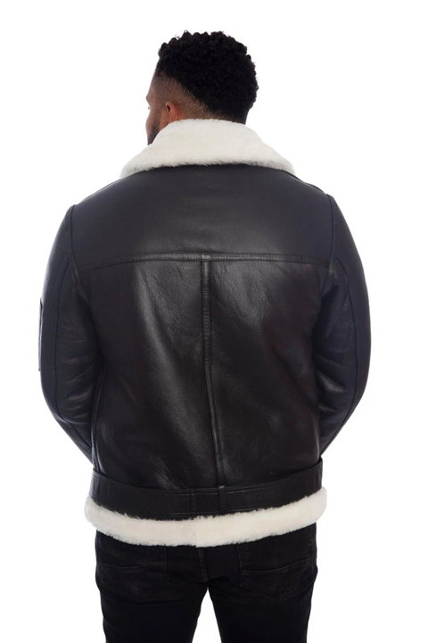 B3 Black Leather Aviator Bomber Jacket With White Fur