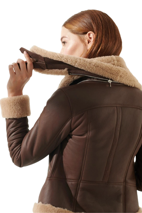 Mia Brown Aviator Shearling Leather Bomber Jacket
