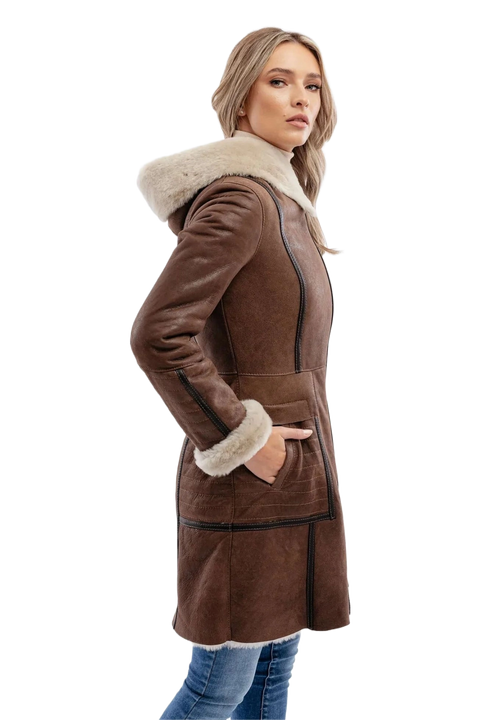 Zenna Coffee Brown Aviator Leather Bomber Coat