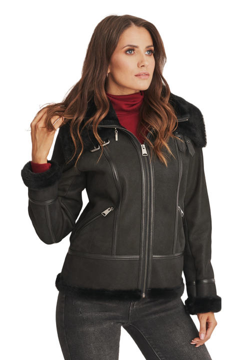 Stella Black Shearling Aviator Leather Bomber Jacket