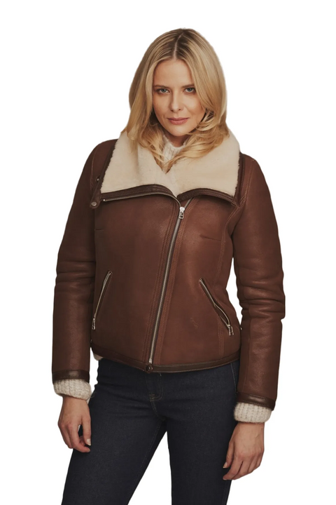 Bliss Brown Aviator Shearling Leather Bomber Jacket