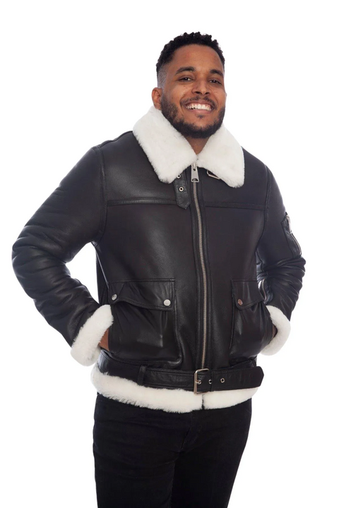 B3 Black Leather Aviator Bomber Jacket With White Fur