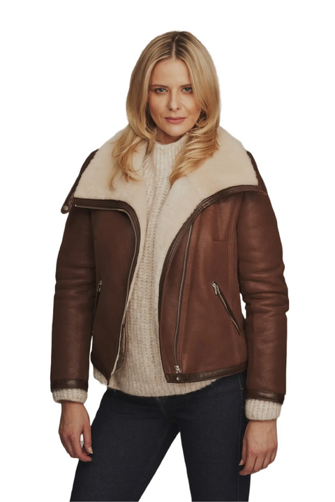 Bliss Brown Aviator Shearling Leather Bomber Jacket
