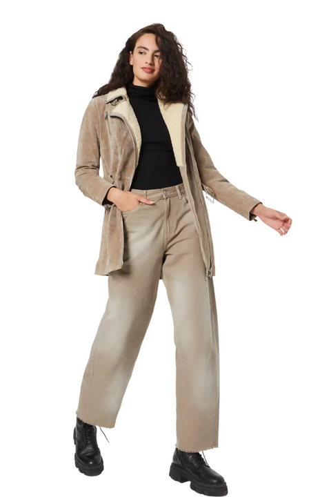 Dull Yellowy Brown Suede Leather Coat With Fur Collar