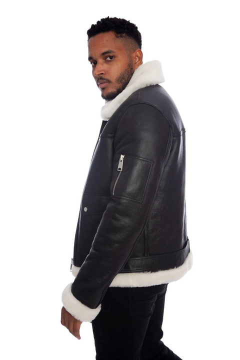 B3 Black Leather Aviator Bomber Jacket With White Fur