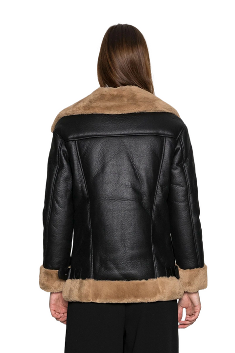 Sherilyn Black Aviator Brown Shearling Leather Bomber Jacket