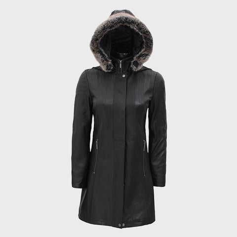 Black-Long-Fur-Collar-Leather-Coat-Hooded-Womens