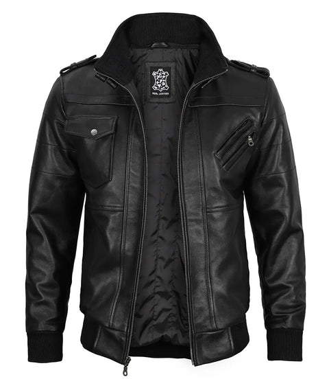 Mens Black Bomber Leather Jacket With Removable Hood