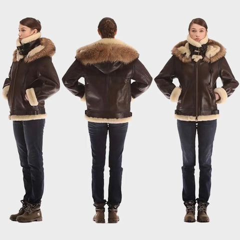 Brown Shearling Hat Bomber Fur Leather Jacket