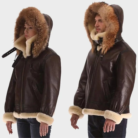 Brown Shearling Hat Bomber Fur Leather Jacket