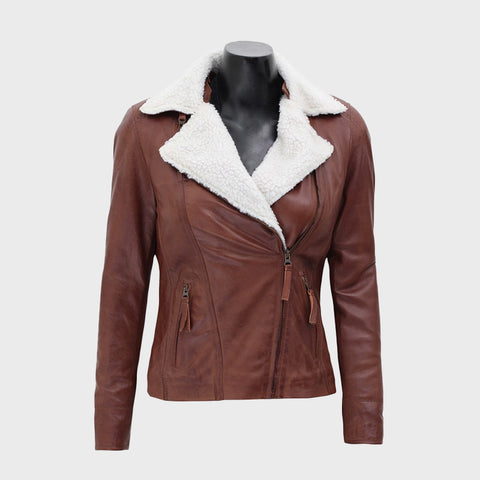 Gela-Waxed-Brown-Leather-Jacket-with-White-Fur-Collar