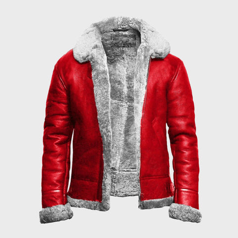 Holiday-Christmas-Red-A2-Bomber-Aviator-With-Real-Fur-Genuine-Leather-Jacket