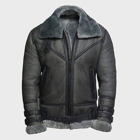 Mens-Dark-Grey-WWII-Genuine-Sheepskin-Leather-Jacket