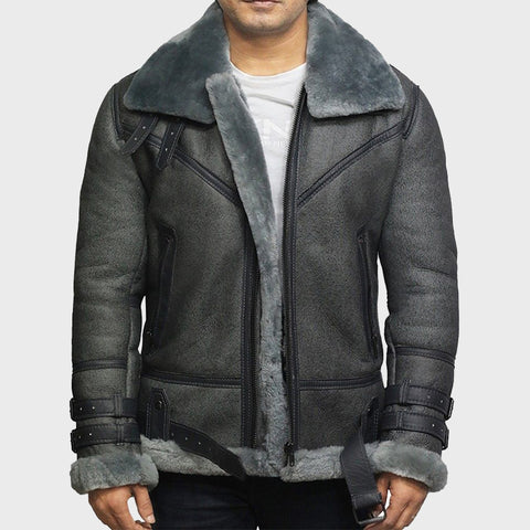 Mens-Genuine-Sheepskin-Leather-Jacket-Dark-Grey-WWII