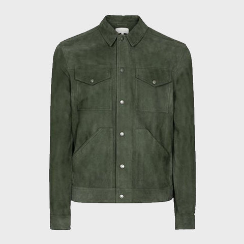 Mens-Green-Suede-Leather-Trucker-Over-Shirt