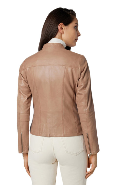 Elixir Beige Lambskin Leather Biker Jacket