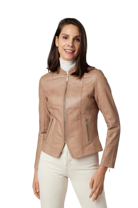 Elixir Beige Lambskin Leather Biker Jacket