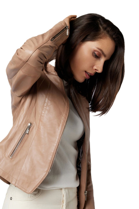 Elixir Beige Lambskin Leather Biker Jacket