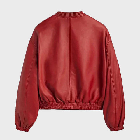 Women's Red Leather Bomber Jacket