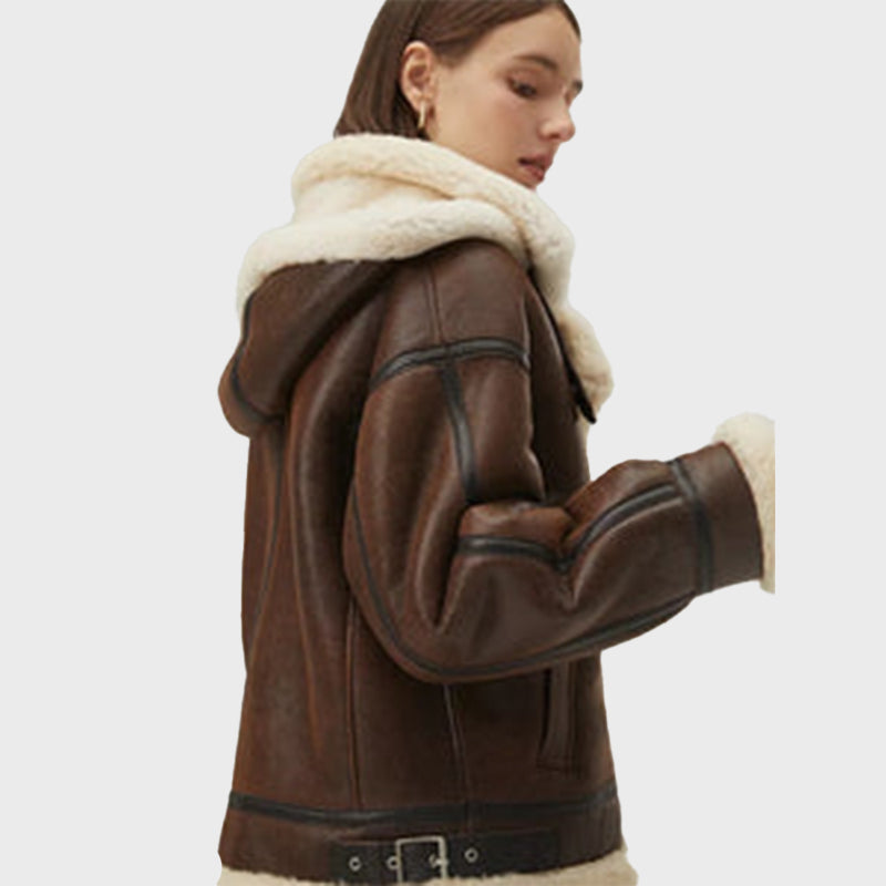 Women’s Chocolate Brown Leather Shearling Removable Hood Coat | New ...