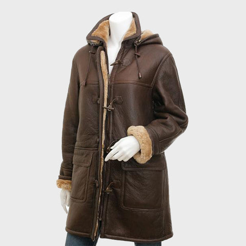 Womens-Brown-Sheepskin-Duffle-Coat-With-Hood