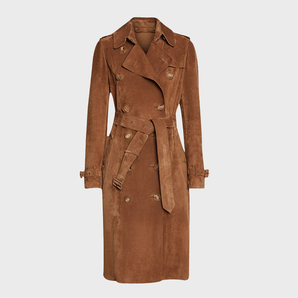 Women's Brown Suede Trench Coat Slim Fit Coats for Women New
